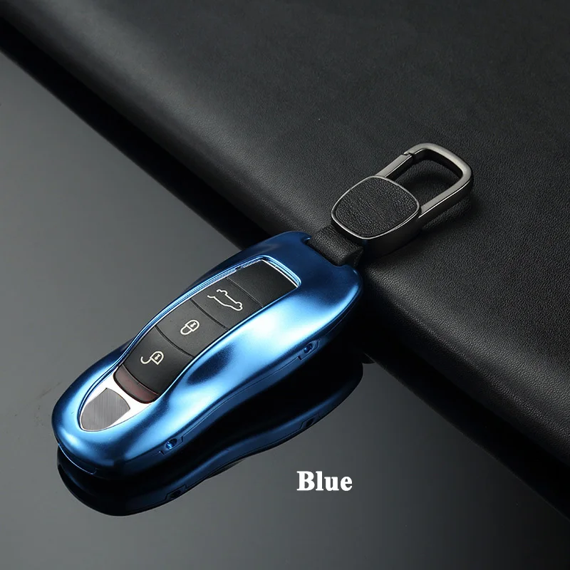 Blue 1 шт. SEEYULE алюминиевый сплав автомобильный чехол для ключей Роскошный чехол для ключей Защитная сумка для хранения для Porsche Panamera Cayenne Macan 911 918 - Название цвета: Blue
