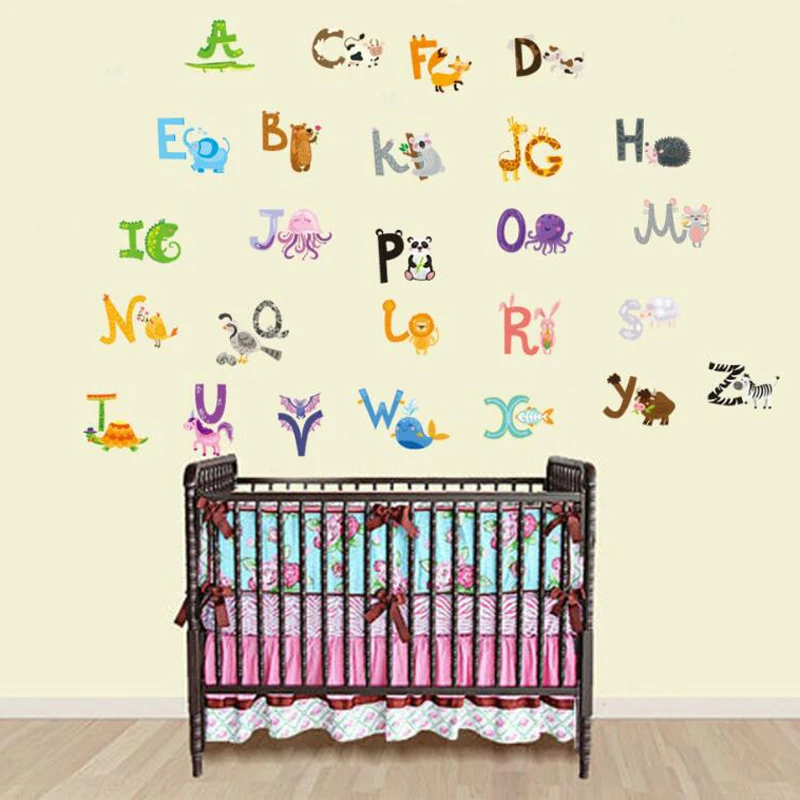 

Cute animal alphabet wall stickers for kids rooms removable DIY cartoon nursery wall decals adhesive school baby toy