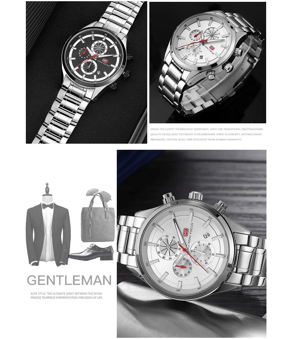 Мужские кварцевые часы с 3 циферблатами на ремешке из нержавеющей