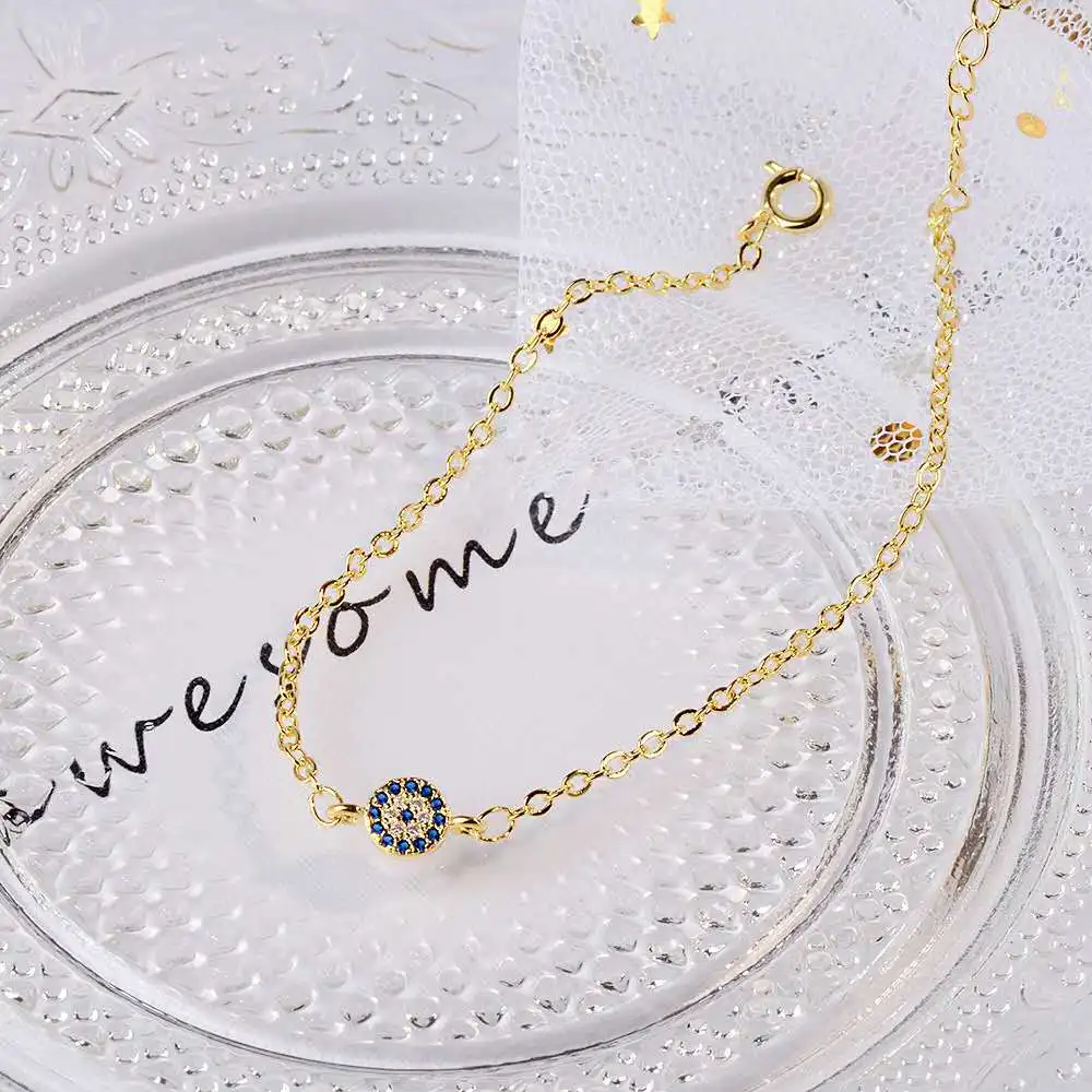 Gold plated SL054 модный стиль злой глаз золотой серебряный цвет 925 серебряный браслет звено цепи с кубический камень цирконий круглые ювелирные изделия - Окраска металла: Gold plated