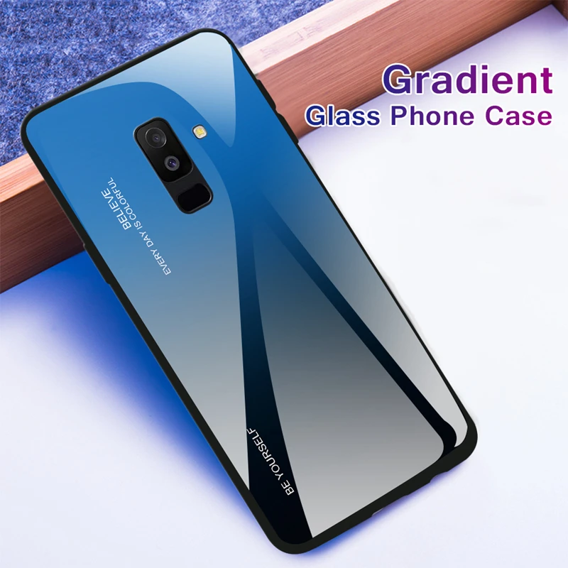 Gradient Case For Samsung Galaxy A7 J8 J6 J4 A6 A8 plus A8+ 2018 Luxury Slim Fit Glossy Tempered Glass Silicone Frame Hard Cover |