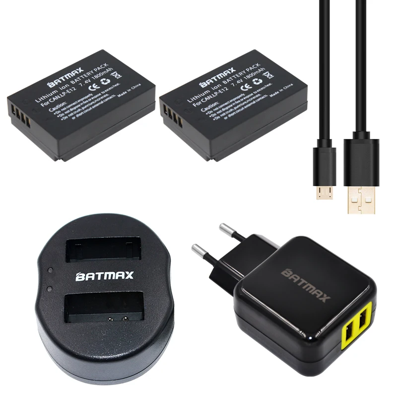 

2Pack LP-E12 LP E12 LPE12 batteries&Dual USB Charger&EU/US AC Power Plug Adapter for Canon Rebel SL1, EOS-M, EOS M2, EOS M10