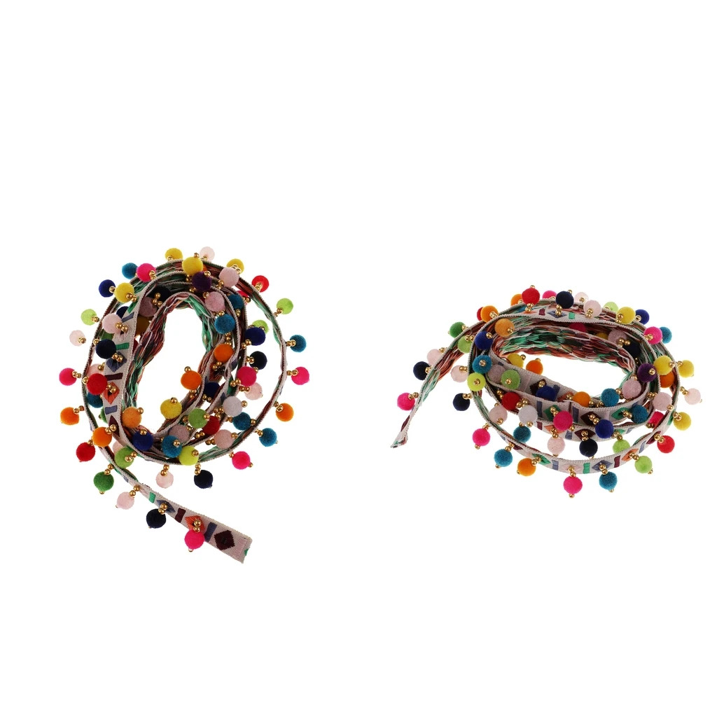 2 шт. этнические бахромой кисточкой Кружева жаккардовая лента с помпоном мяч