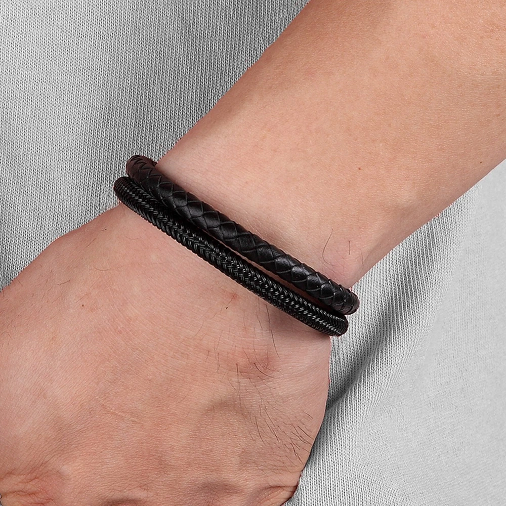 Фото XQNI Classic Style Leather With Stainless Steel Stitching Combination Men's Bracelet Black/Steel Buckle Party Accessories Gift №3