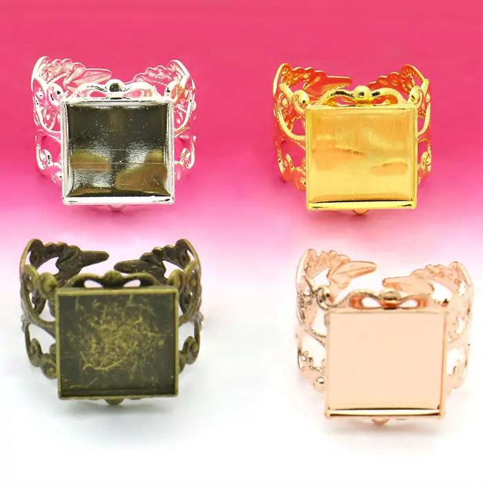 10pcs 12mm Ring Settings Cabochon Base Square Bezel Tray Blank for Cabochon Cameo DIY Fashion Rings Adjustable Ring Base