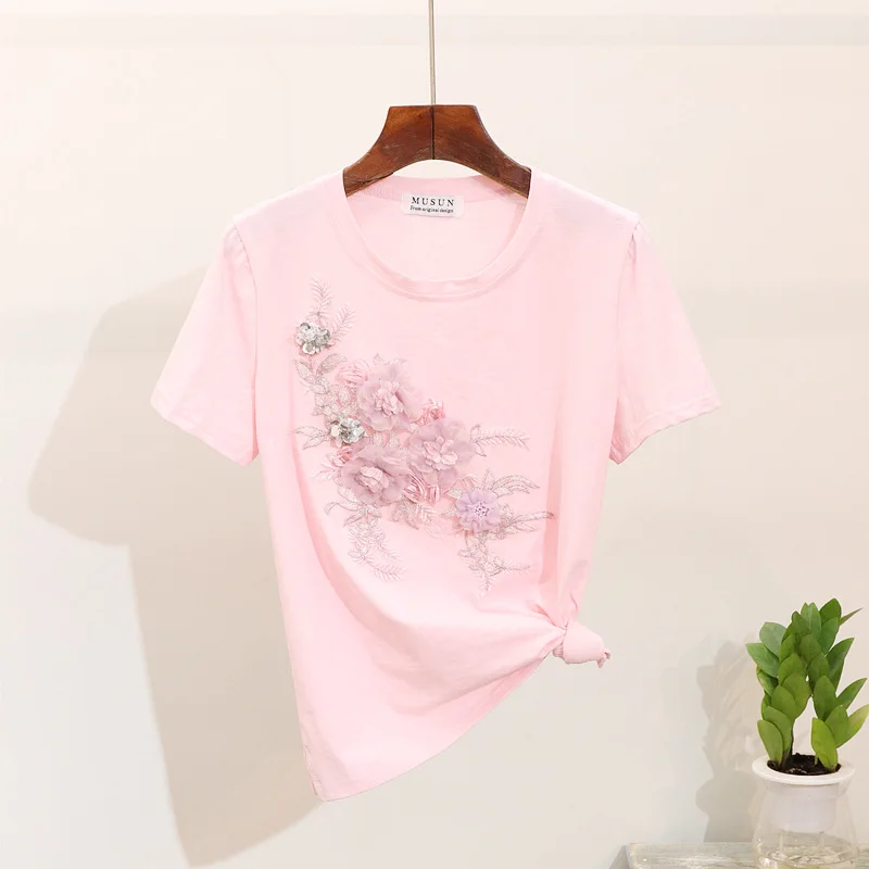 pink tshirt ALPHALMODA Vogue модные 3D футболки с цветочным узором рваные джинсы для женщин Стильный комплект одежды с тяжелой вышивкой отдельно - Цвет: pink tshirt