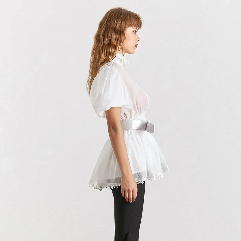 TWOTWINSTYLE Elegant Embroidery Patchwork Women Blouse Lapel Collar Half Sleeve Tunic Chiffon Shirt Female Fashion Summer