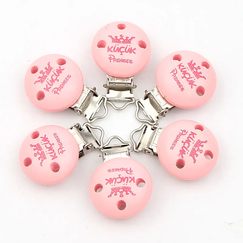 

5Pcs Pink Baby Pacifier Clips Crown pattern Metal Holders Soother Teething Clasps Accessories For Baby Wooden 29x44mm