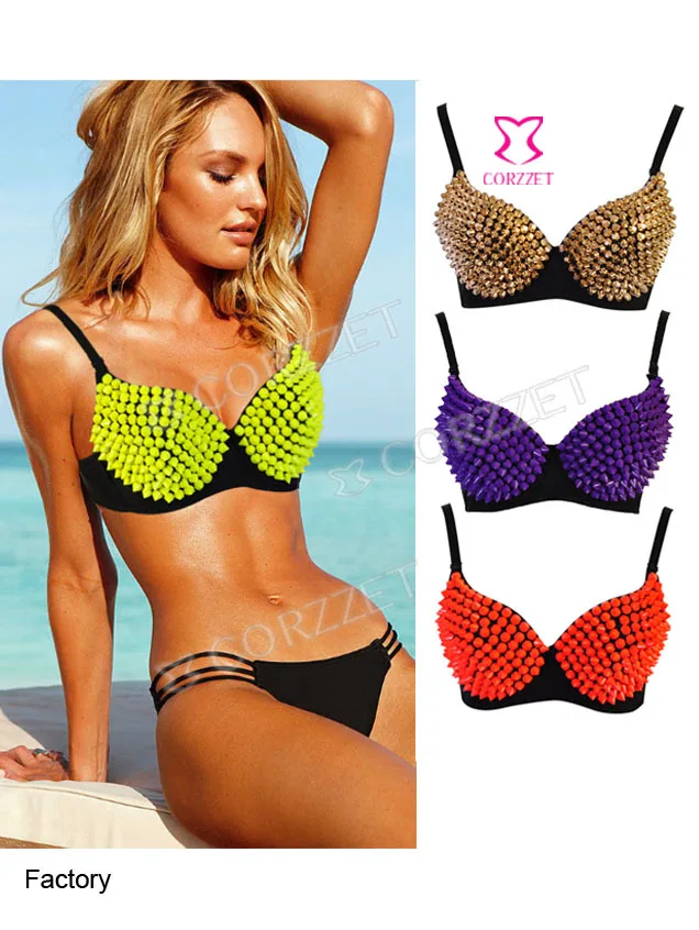 Женский бюстгальтер с заклепками желтого цвета|bra|rivet earringrivet decoration |