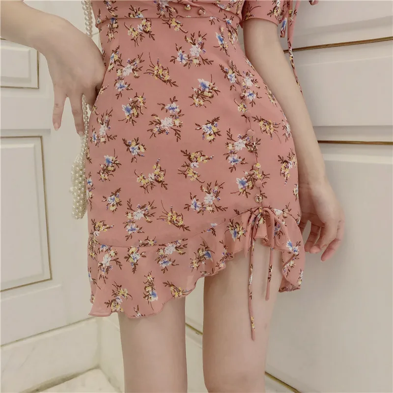 RUGOD Новое поступление Цветочное платье с рюшами женское платье с v-образным вырезом нерегулярный край летнее платье повседневное корейское платье