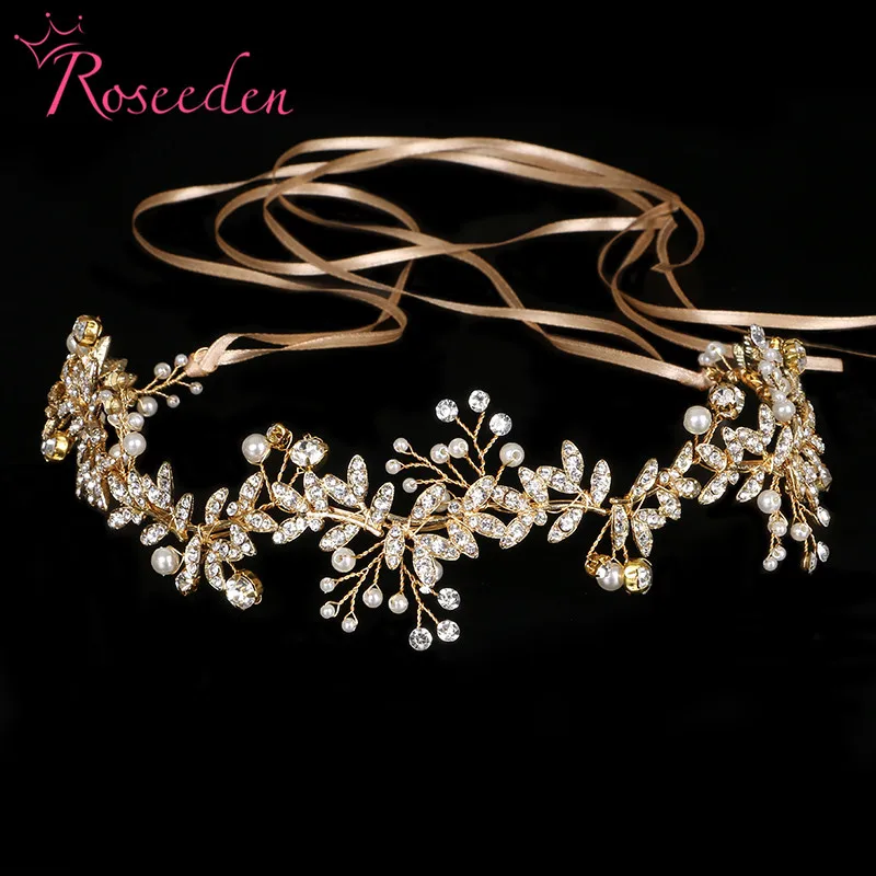 

New Vintage Diamante 100% handmade Bridal Headband gold pearl Wedding Hairpieces wedding hair tiaras RE733