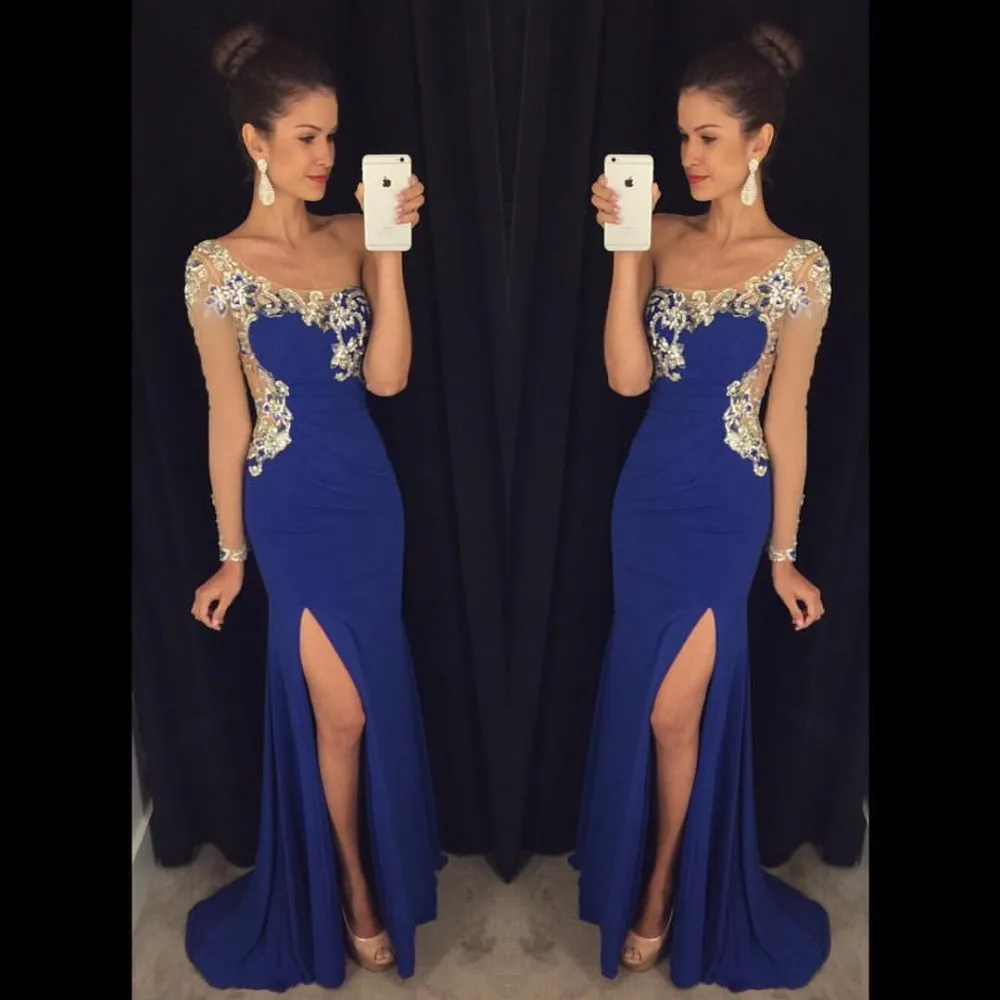 

New Design Mermaid Prom Dresses 2018 One Shoulder Single Long Sleeves Floor Length Beads Chiffon Long Evening Dress Abendkleider
