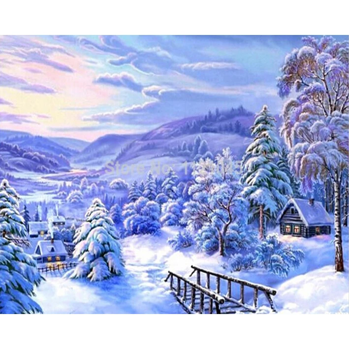 Вышивка крестиком Bule Sky Snow Mountain Tree Пейзаж Изображение прокрутки Алмазная картина