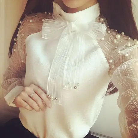 Блузка женская белая из органзы с бантом и жемчугом на весну осень|blusas femininas|tops