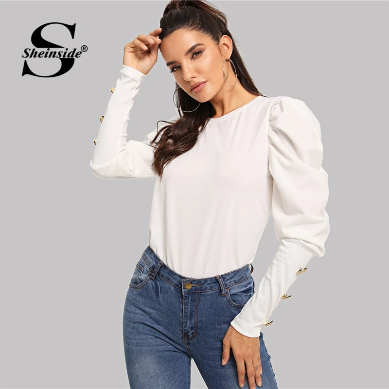 Sheinside, элегантная белая футболка, Женский Топ с длинным рукавом, с пышными рукавами, с пуговицами, женская футболка, осенние Рубашки, женские топы