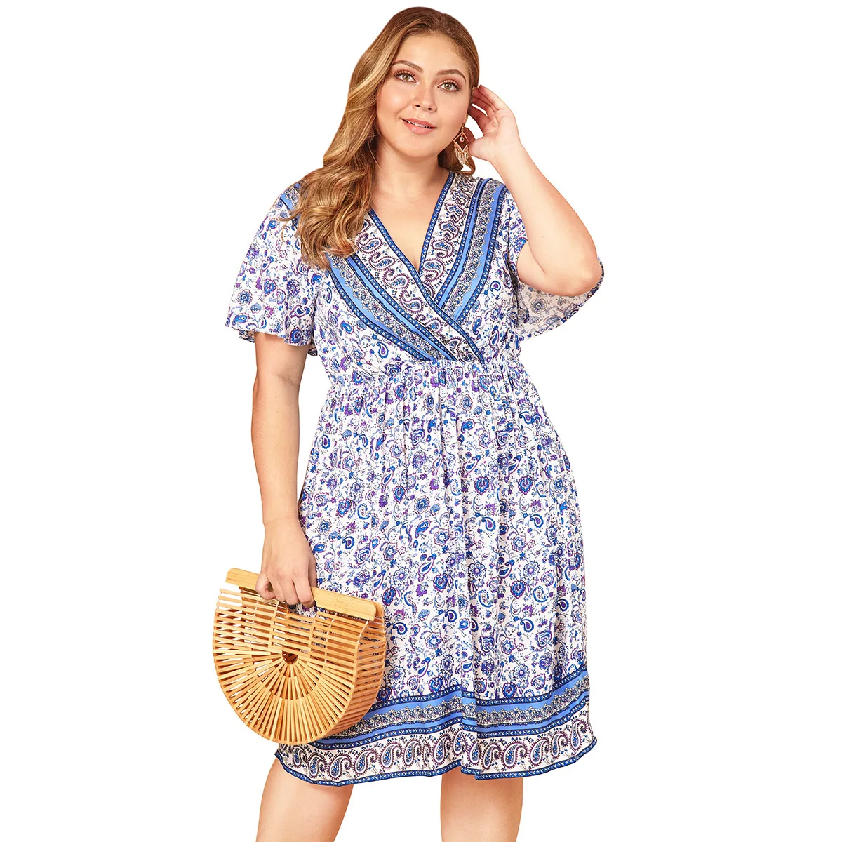 Расположение печати крест V Воротник Высокая талия отдых короткое платье плюс