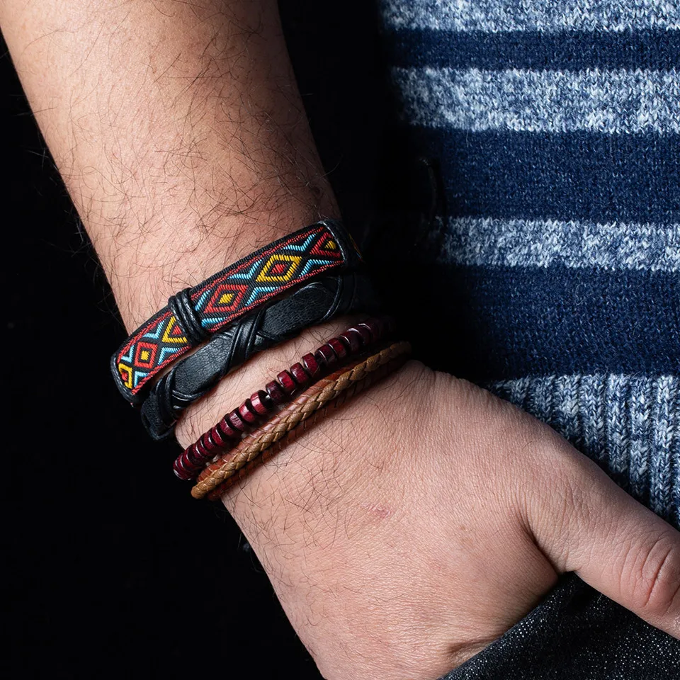 Wholesale 4pcs/lot Handmade ethnic tribal genuine rope wrap charming male pulsera black brown braided leather bracelets bangles