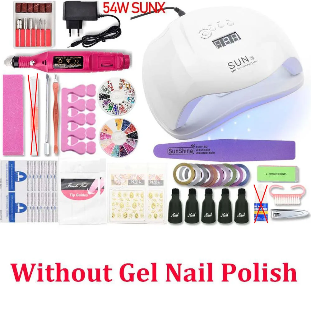 54W SET NO GEL Полный маникюрный набор с лампой для ногтей 36 Вт/54 Вт УФ-светодиодный светильник для маникюрных комплектов 10 шт. 8 мл УФ-набор гель-лаков для ногтей инструменты для маникюра - Цвет: 54W SET NO GEL