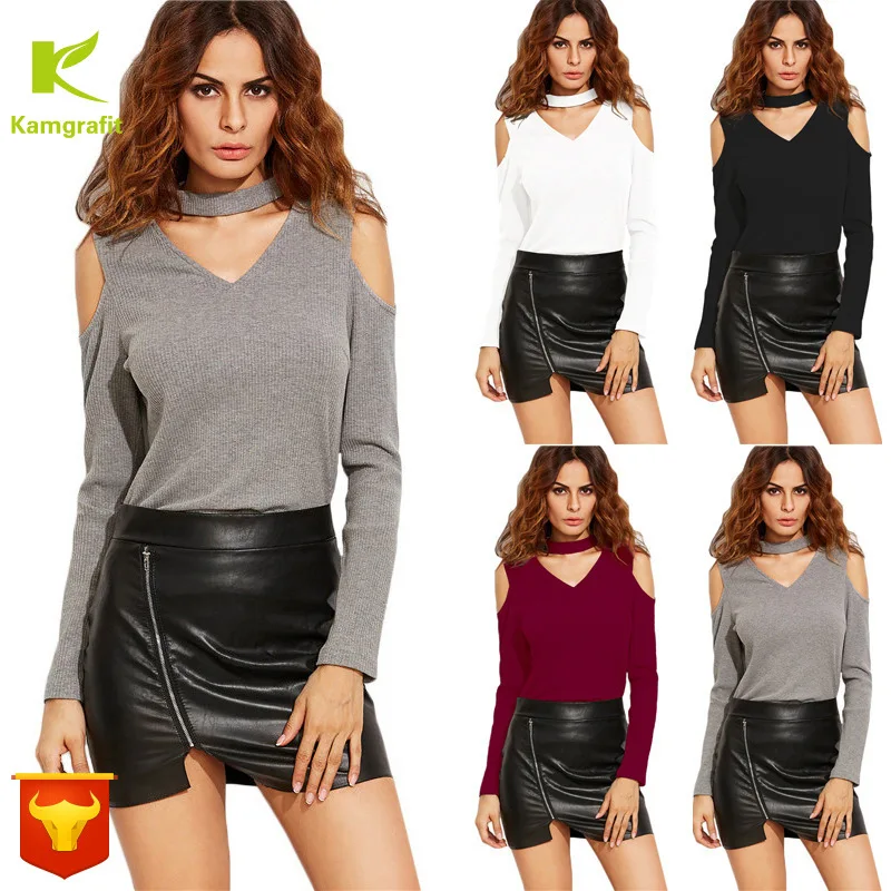 Full-blown sexy fashion V-neck shoulder out plus size T-shirt 4 colours 5 yards korean streetwear long sleeve shirt women QP050 | Женская