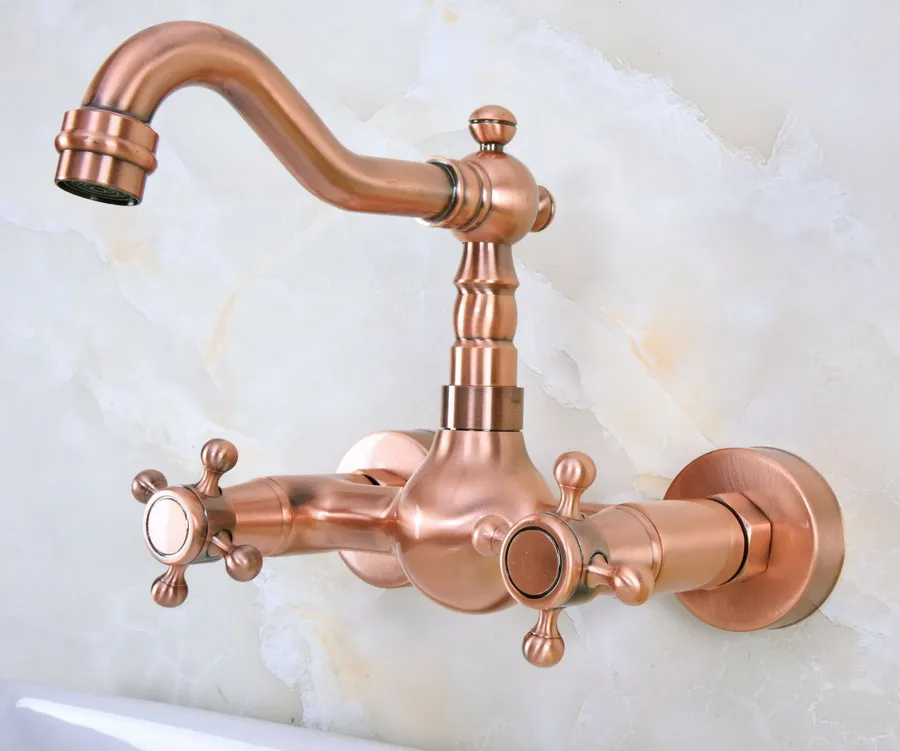 

Antique Red Copper Brass Bathroom Kitchen Sink Faucet Mixer Tap Swivel Spout Wall Mounted Dual Cross Handles mnf946