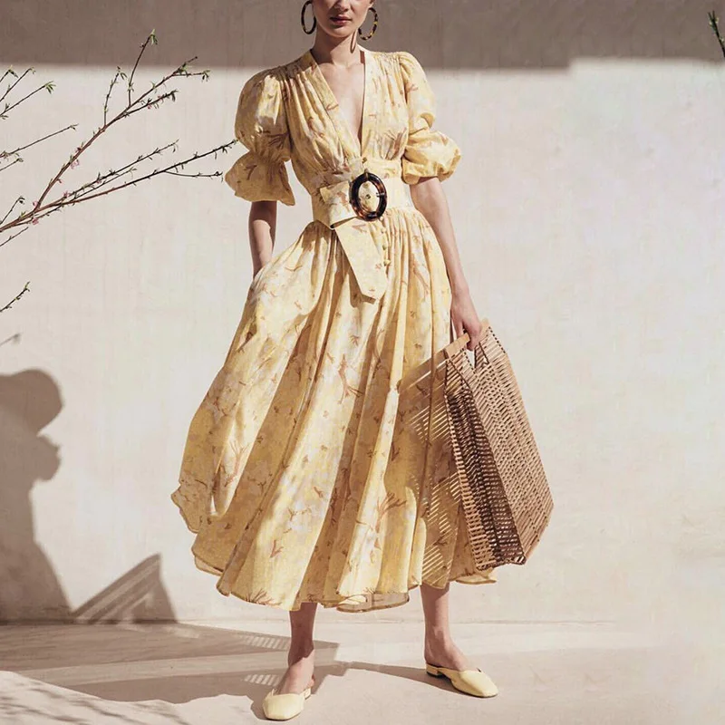 

Женское праздничное платье макси CWBshowGG, винтажное однобортное платье с V-образным вырезом, рукавами-фонариками и принтом на талии для лета