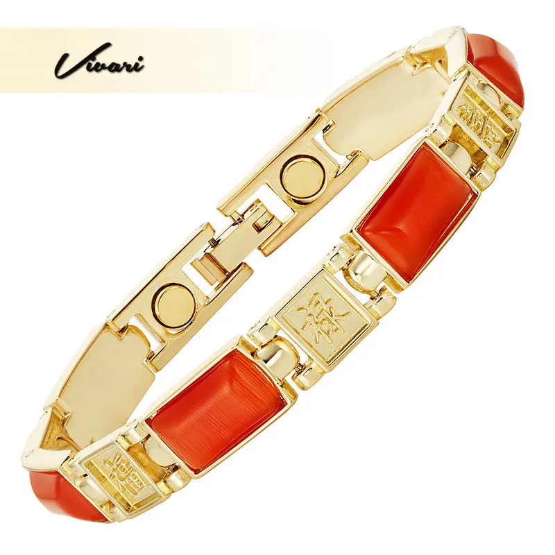 

Vivari Traditional Chinese Cultural Magnetic Bracelet For Women Happliess Red Stones Golden Color Chain Women's Trinket Gifts