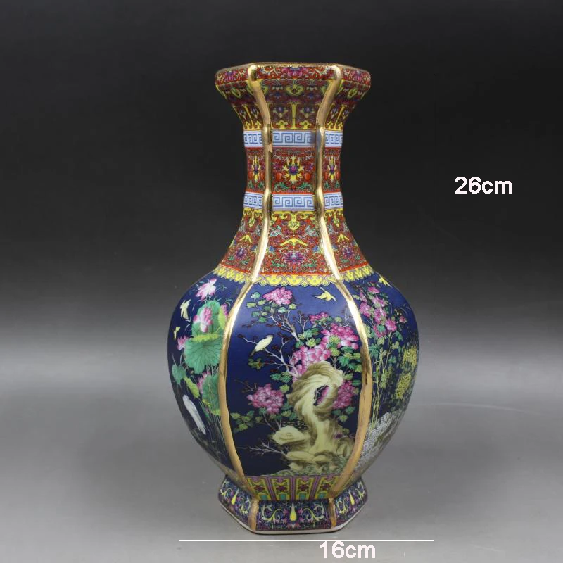 Qing Qianlong антикварная синяя керамическая ваза с эмалью шестиугольная цветком