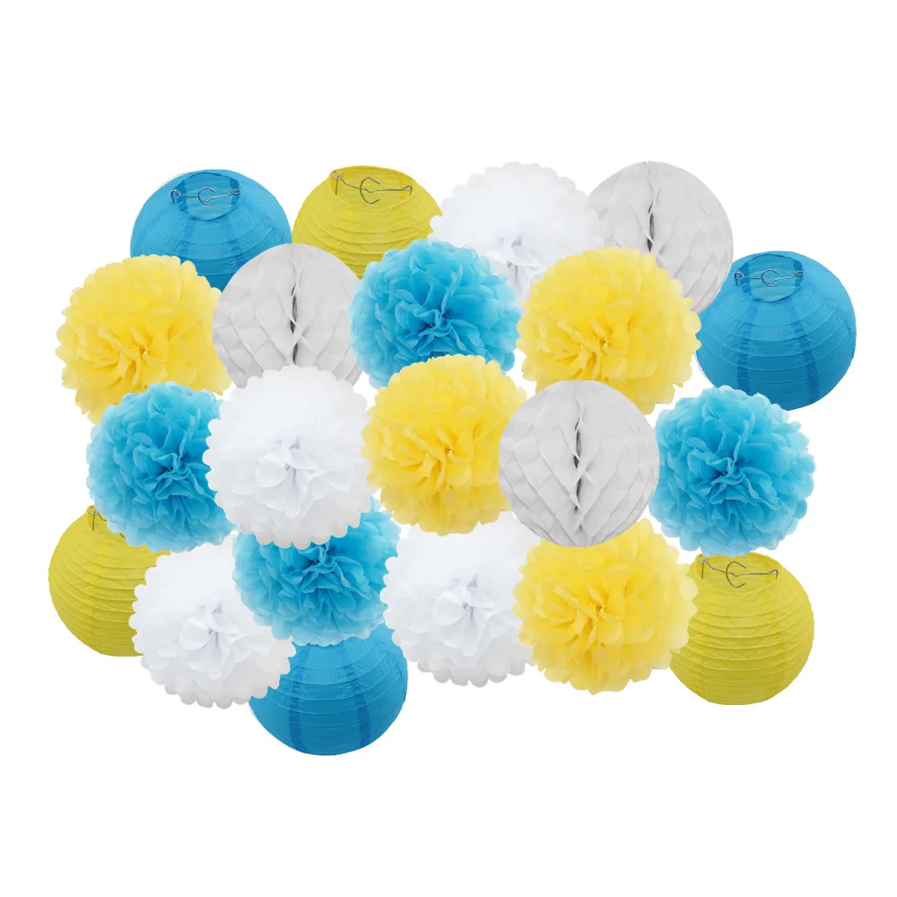 yellow blue set Горячая распродажа 21 шт./компл. розовый набор круглых Бумага Фонари для маленьких девочек украшение для детей крещение вечерние декор висит Изделия из бумаги орнамент - Цвет: yellow blue set