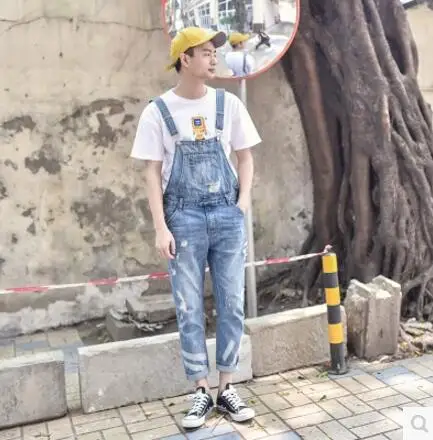 M-3XL HOT ! New men's clothing hole bib pants fashion slim denim overalls jumpsuit Nine points suspenders Little feet jeans | Мужская