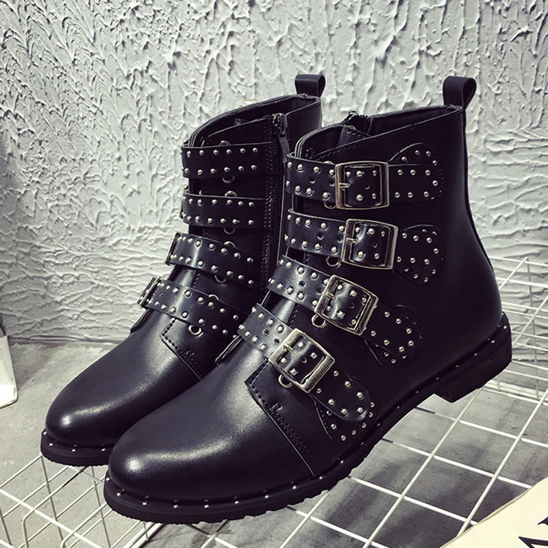 Boussac 43 Size Rivets Motorcycle Boots Women Brand Design Ankle Vintage Short Plush Warm Winter SWE0143 | Обувь
