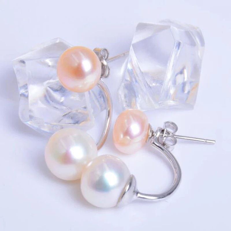 Pink white ASHIQI Настоящее серебро 925 пробы натуральный пресноводный двойной жемчуг серьги для женщин модные свадебные ювелирные изделия - Цвет камня: Pink white