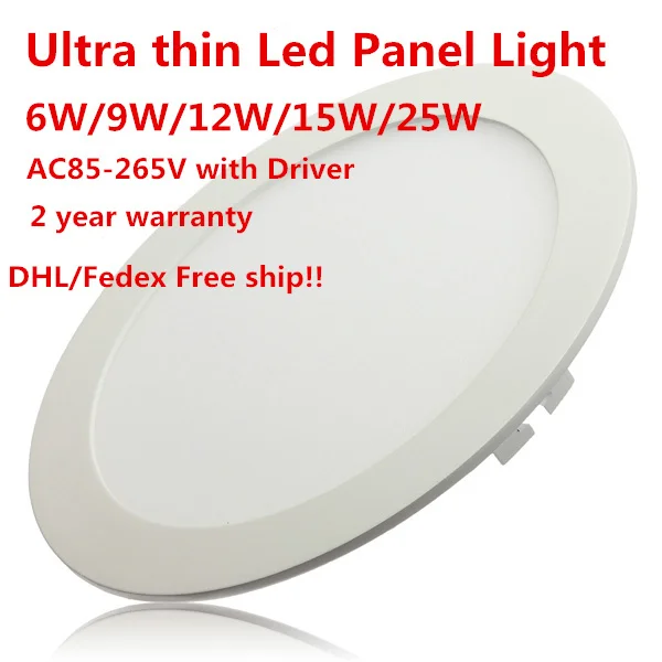 

20pcs Ultra Thin Led Panel Downlight 6w 9w 12w 15w 25w Round Ceiling Recessed Spot Light AC85-265V Painel lamp Indoor Lighting