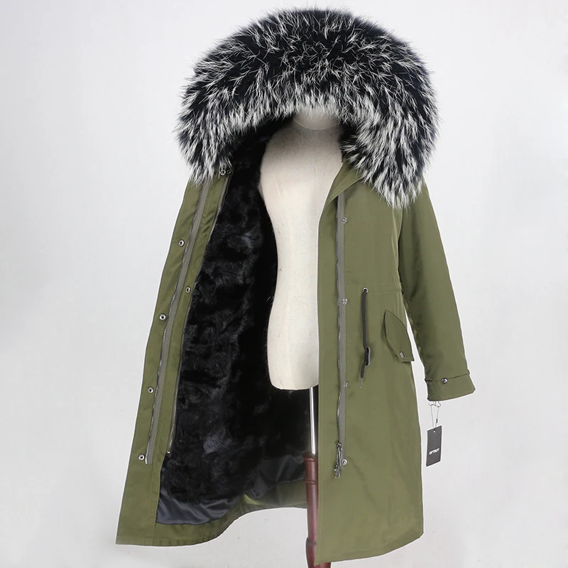 OFTBUY X-длинное пальто с натуральным мехом, зимняя куртка, Женская парка с натуральным мехом, подкладка из меха норки, воротник из меха енота и лисы, капюшон, теплая уличная одежда - Цвет: green black W