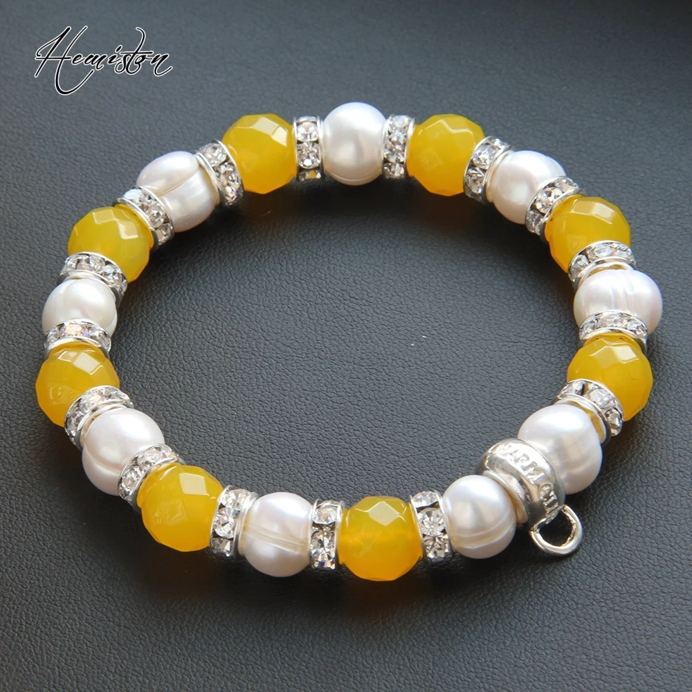 Томас желтый оникс из бисера Пресноводный Жемчуг стразы браслет с фирменной Шарм