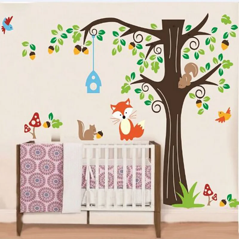 Наклейки на стену с деревом белка лиса грибы наклейки для детской комнаты