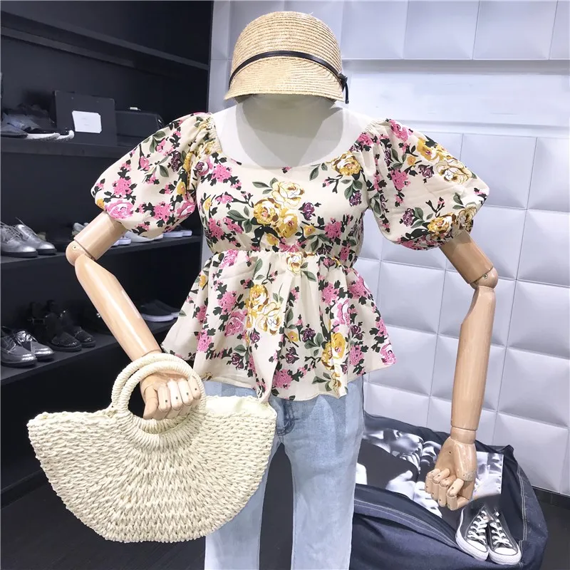 2019 Summer Fashion Streetwear Vintage Style Square Collar Florals Printed Blouse Women Blusas Girls Shirt Tops |