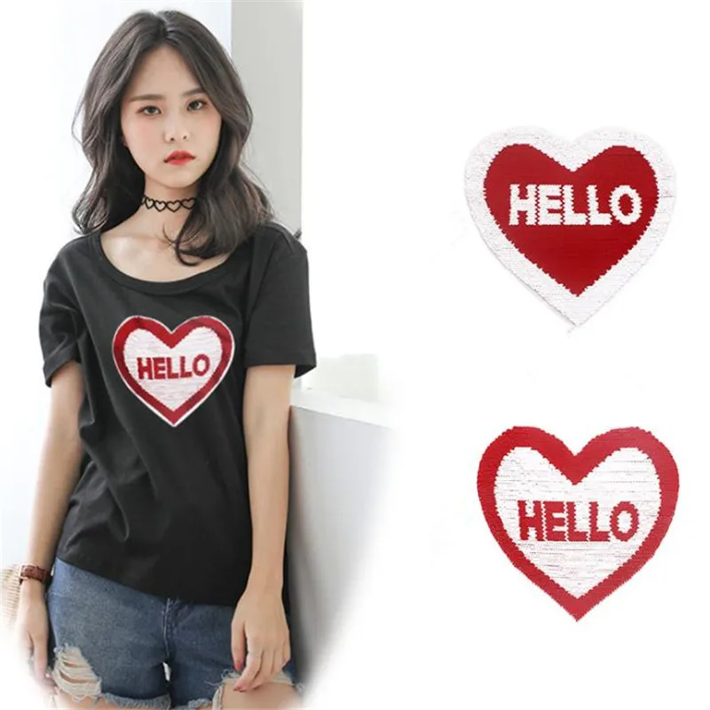 ChicLady Hipster женская одежда Diy 225 мм Сердце HELLO обратимые блесток патч Супер изменить