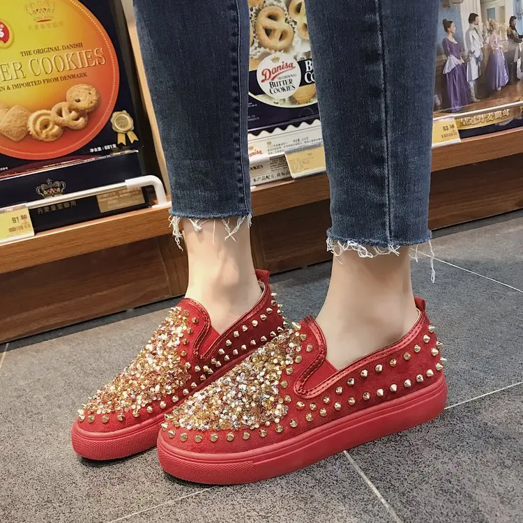 2019 Spring Autumn Fashion Lazy Loafers Women Rivet Flat Platform Flats Shoes Students Casual Crystal Trainers Retro | Обувь
