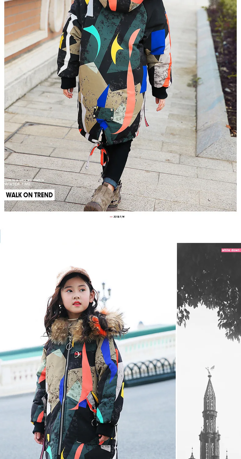 Girl Winter Hooded Jackets Clothing Children Warm Fur Collar Colorful Coat Kids Long Down Outerwear 120-160