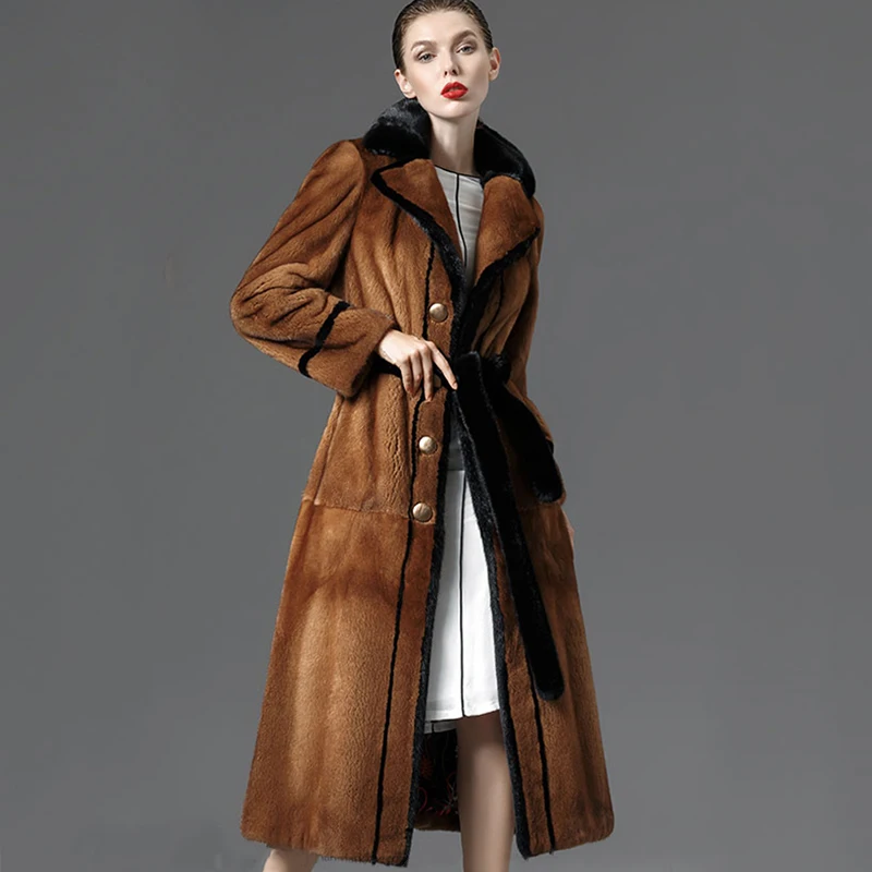 LVCHI Winter 2019 Import Mink Fur Coat Women's Long Sleeve Coat Butterfly Neck Real Natural Fur X-Long Sashes Causal Mink Coats