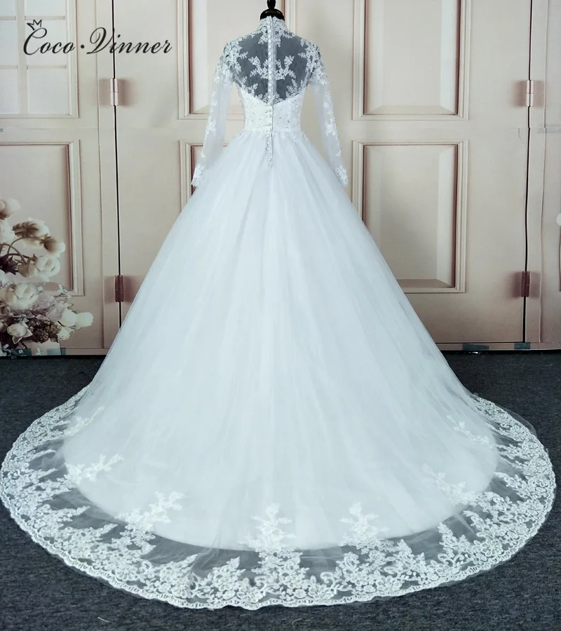High Neck Vestido De Noiva IIIusion Back Long Sleeve Wedding Dress 2021 Custom made Lace Applique Ball Gown W0019 | Свадьбы и