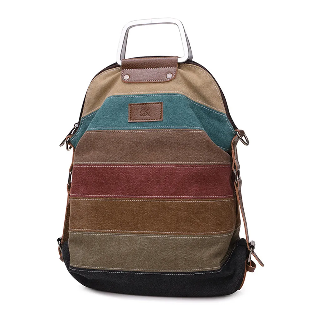 

KVKY Brand Women's Canvas Backpack Girl's Striped Multifunction Patchwork Rucksack high-capacity printing backpack sac a dos