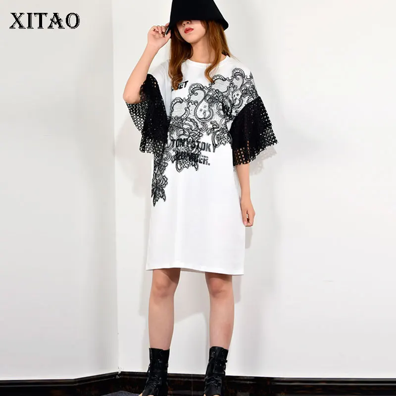 XITAO Lace Hollow Grid Splice Mini Dress Summer Clothes for Women Short Sleeve New Casual Loose Fashion O Neck XJ1149
