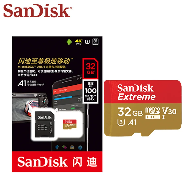 100% оригинальная карта памяти SanDisk 32 ГБ высокоскоростная 100 Стандартная Micro SD U3 A1 4K