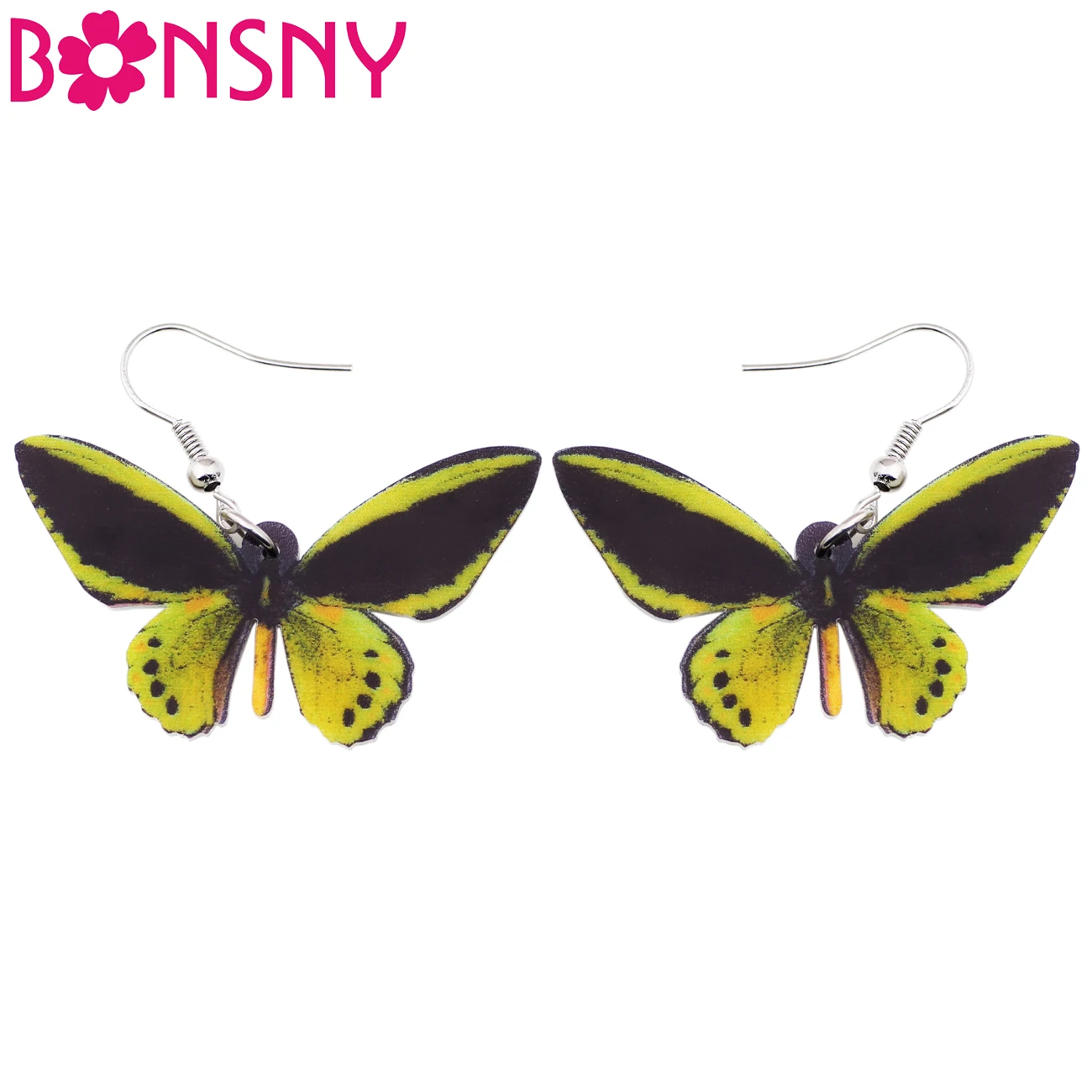 Bonsny акриловый узор Ornithoptera Priamus Зеленая бабочка серьги подвески в форме капли для