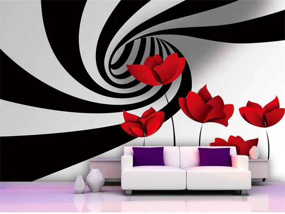 Пользовательские 3d фото обои Гостиная росписи черно белые полосы цветок