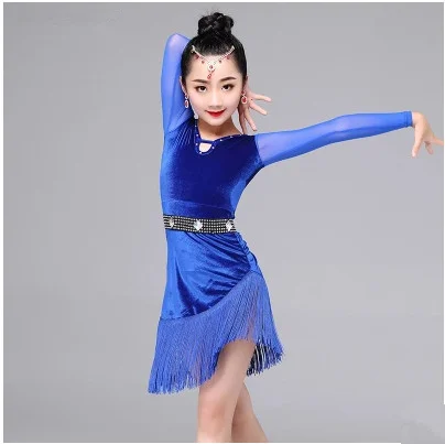 

tassel latin dance dress for girls latin salsa children ballroom skirts dresses samba tango cha cha kids Velvet fringe costume