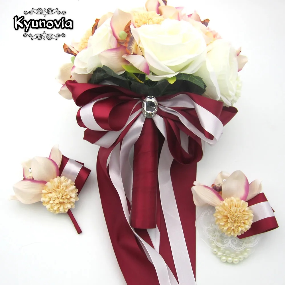 3PCs SET Claret Kyunovia Шелковый Свадебный букет свадебных цветов букет на память Свадебный букет Коралловая Роза и розовая Гортензия Свадебный букет FE36 - Цвет: 3PCs SET Claret