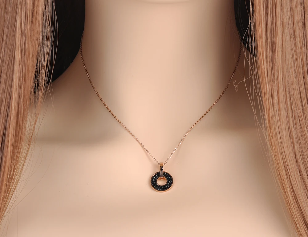 JeeMango Нержавеющая сталь Jewelry черные и белые CZ подвеска Кристалл Круглый Форма розовое золото Цвет свадебные ожерелья для Для женщин N18072