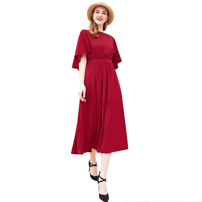Офисное женское летнее платье с каскадными оборками красное дизайнерское до